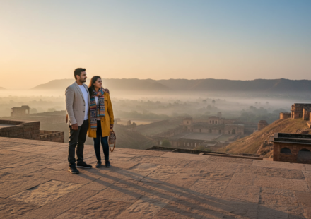 A couple stands on a sandstone terrace at sunrise overlooking historic forts and distant mist-covered hills.