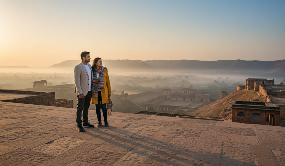 A couple stands on a sandstone terrace at sunrise overlooking historic forts and distant mist-covered hills.