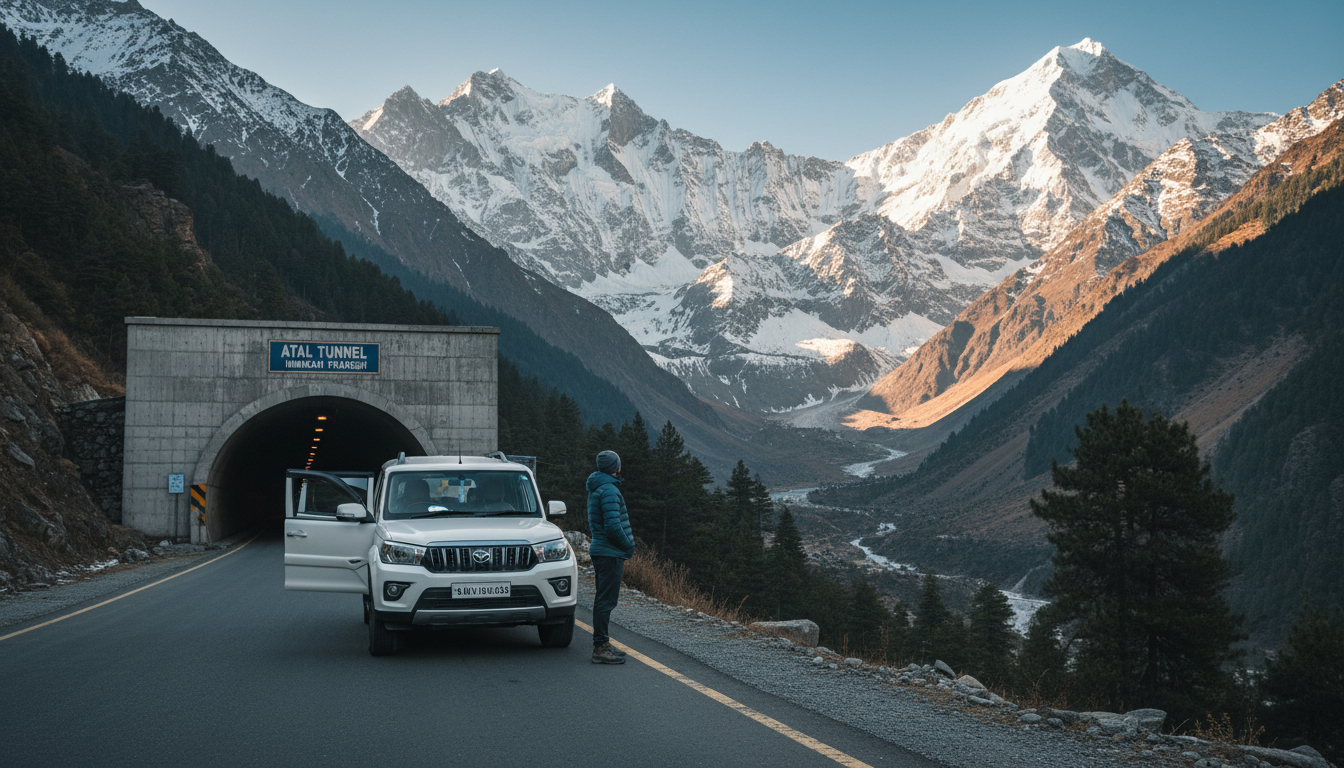 A white SUV parked along a mountain road in Himachal Pradesh near snow-capped Himalayan peaks.