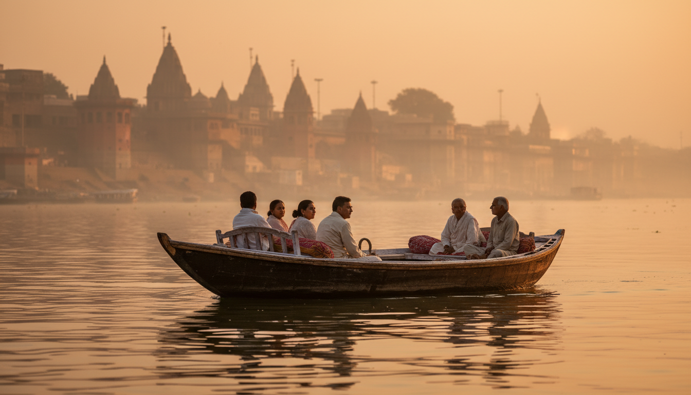 A wooden boat carrying passengers on the Ganges River in Varanasi past historic stone ghats at sunrise.