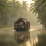 A traditional wooden houseboat drifting on a palm-lined backwater canal in morning light.