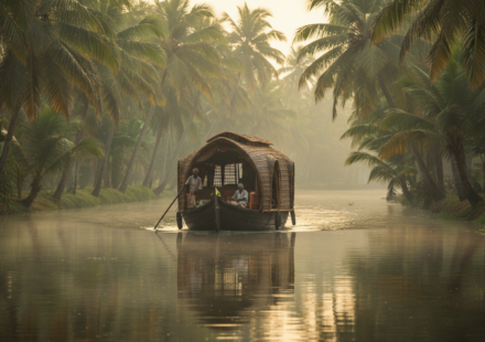 A traditional wooden houseboat drifting on a palm-lined backwater canal in morning light.