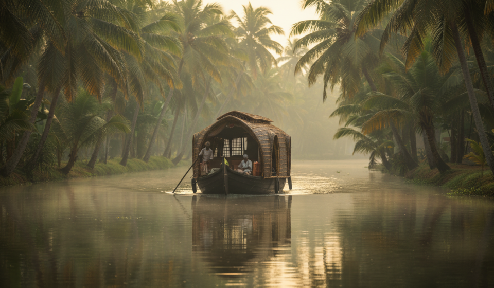 How to Plan a Trip to South India: Itineraries & Budget Guide A traditional wooden houseboat drifting on a palm-lined backwater canal in morning light.