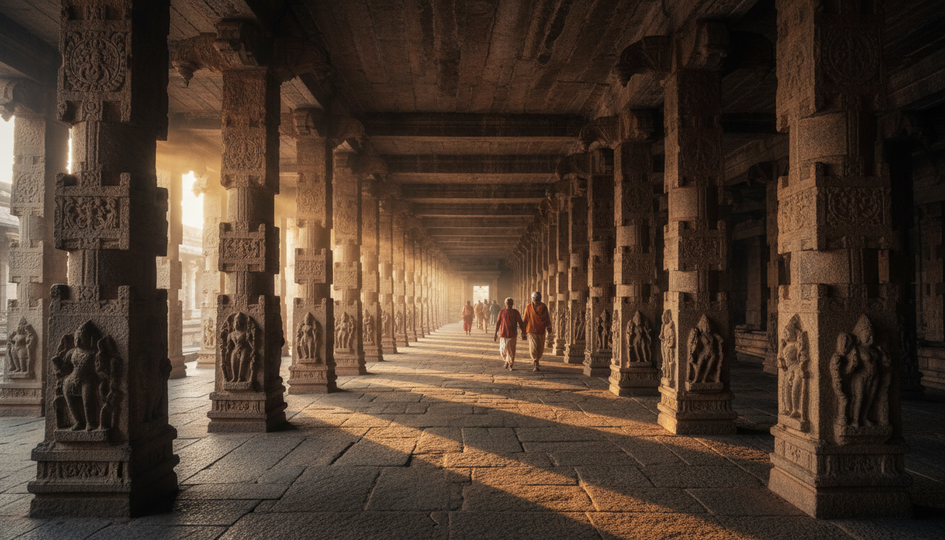 How to Plan a Trip to South India: Itineraries & Budget Guide 1 Wide carved stone corridor of a South Indian temple illuminated by warm morning sunlight.