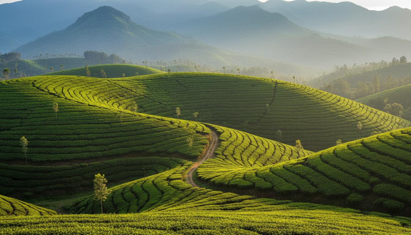 How to Plan a Trip to South India: Itineraries & Budget Guide 2 Lush green rolling tea plantation hills stretching toward misty Western Ghats mountains.