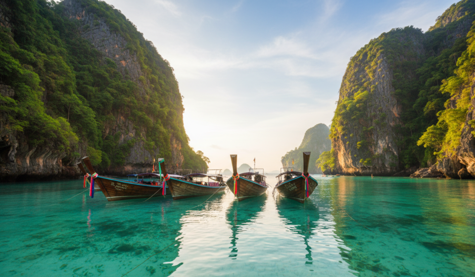 How to Plan a Trip to Thailand from India: Visas, Costs & Itinerary Longtail boats resting on clear turquoise water surrounded by dramatic green limestone cliffs in Thailand.