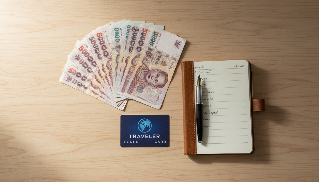 How to Plan a Trip to Thailand from India: Visas, Costs & Itinerary 1 Thai Baht bank notes and an international forex payment card arranged on a clean wooden tabletop.