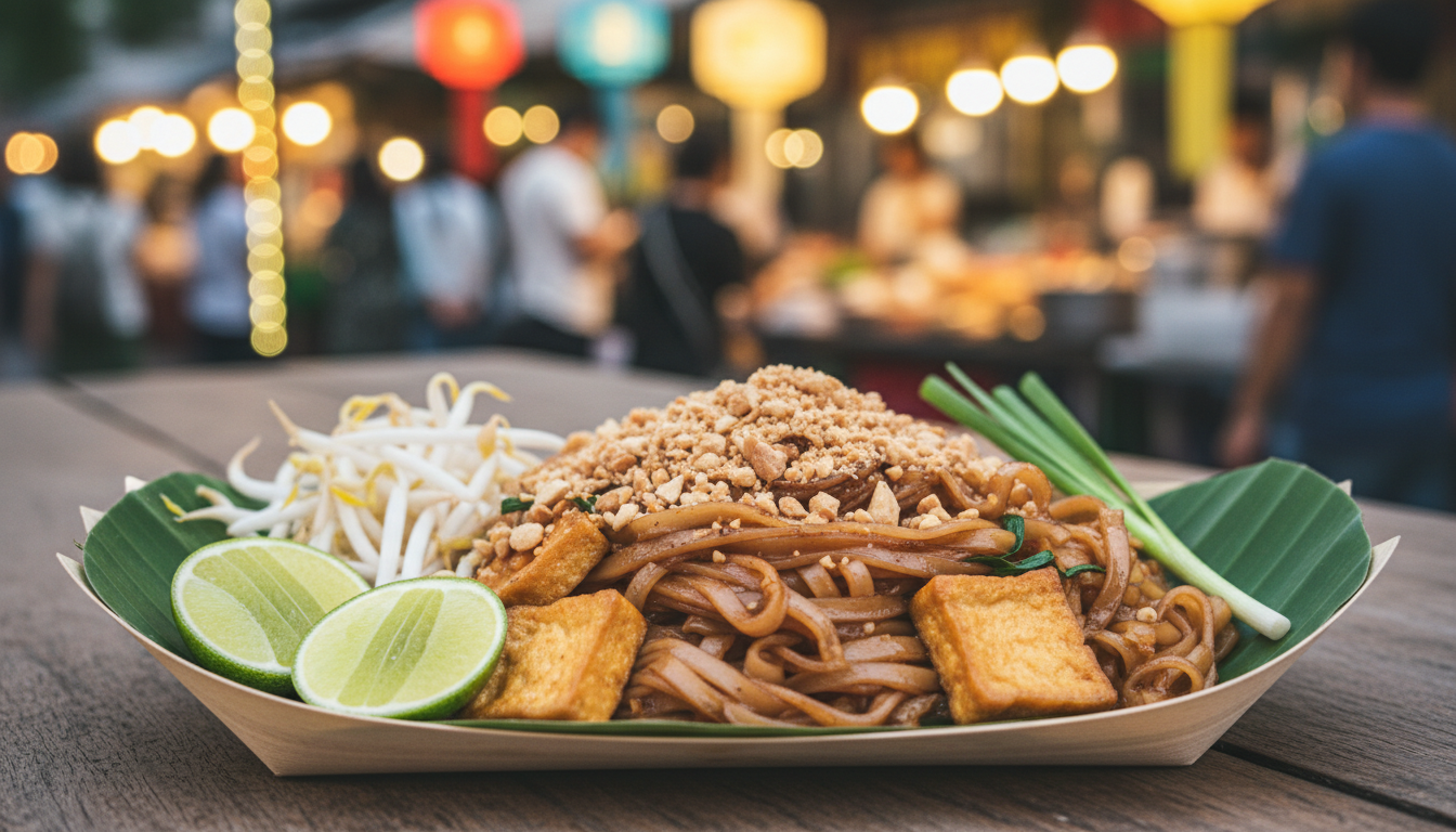 How to Plan a Trip to Thailand from India: Visas, Costs & Itinerary 2 Freshly prepared vegetarian street noodles served with tofu, peanuts, and lime on a leaf dish at a Thai night market.