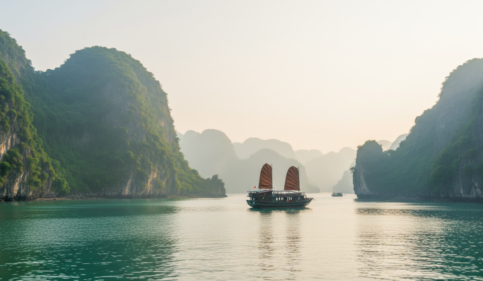 Traditional wooden junk boats sailing through misty emerald waters and limestone karsts in Ha Long Bay, Vietnam.