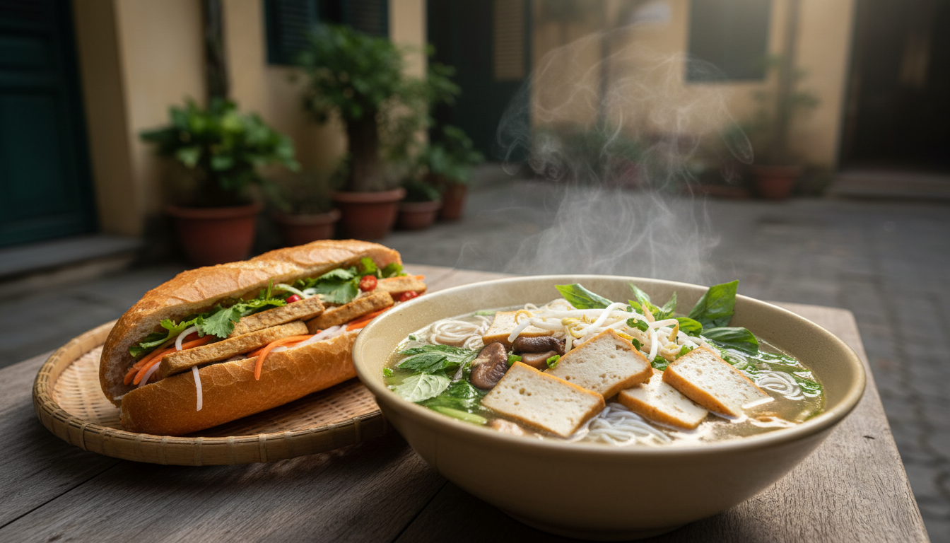 A bowl of vegetarian Pho noodle soup with fresh basil and mushrooms next to a fresh banh mi sandwich on a wooden table.