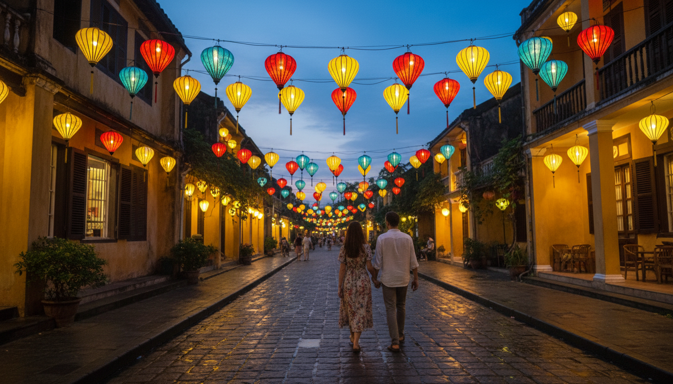 A street in Hoi An Ancient Town illuminated by colorful hanging silk lanterns against yellow historic buildings at dusk.