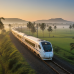 A sleek white and blue Vande Bharat train curving through vibrant green paddy fields during golden hour sunrise.