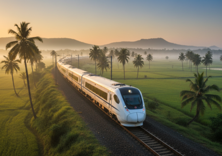 A sleek white and blue Vande Bharat train curving through vibrant green paddy fields during golden hour sunrise.