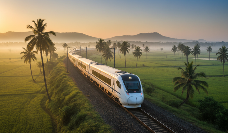 A sleek white and blue Vande Bharat train curving through vibrant green paddy fields during golden hour sunrise.