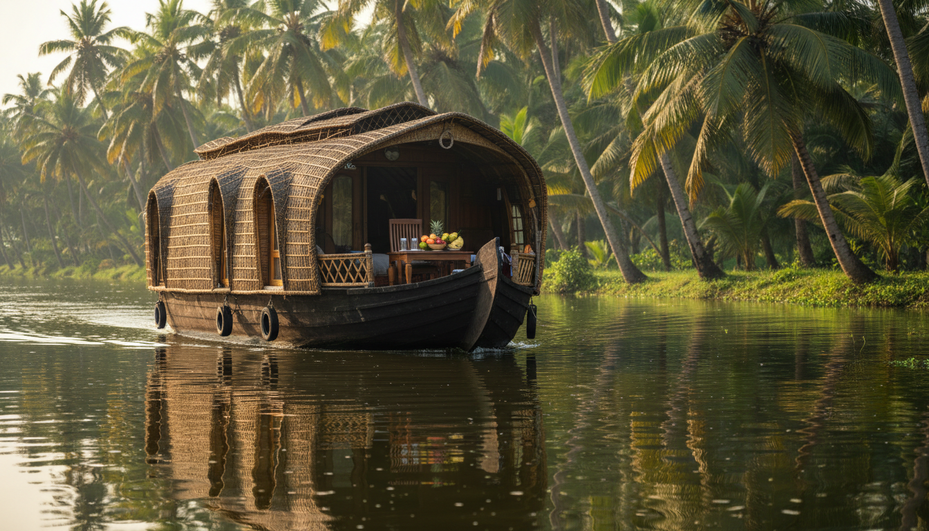 Traditional wooden houseboat gliding through calm green palm-lined backwater canals in Alleppey.