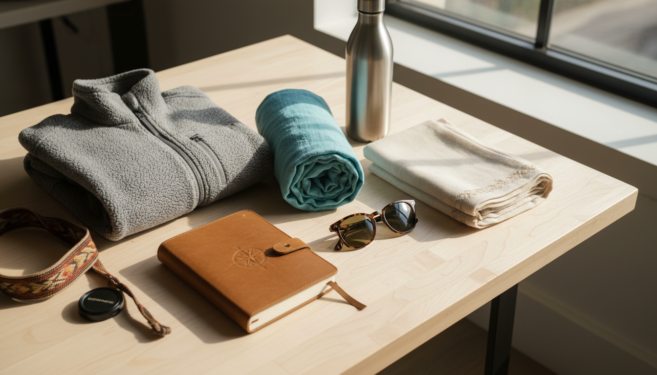 Flat-lay layout of layered travel items including a linen shirt, fleece jacket, folded shawl, and water bottle on wood.