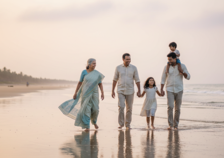 An Indian multi-generational family strolling along a quiet Goan beach at sunset with calm ocean waves.