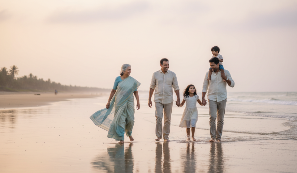 An Indian multi-generational family strolling along a quiet Goan beach at sunset with calm ocean waves.