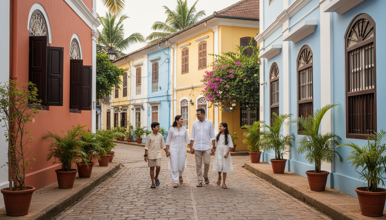 An Indian family exploring colorful Portuguese-style heritage houses in the Fontainhas neighborhood of Panjim.