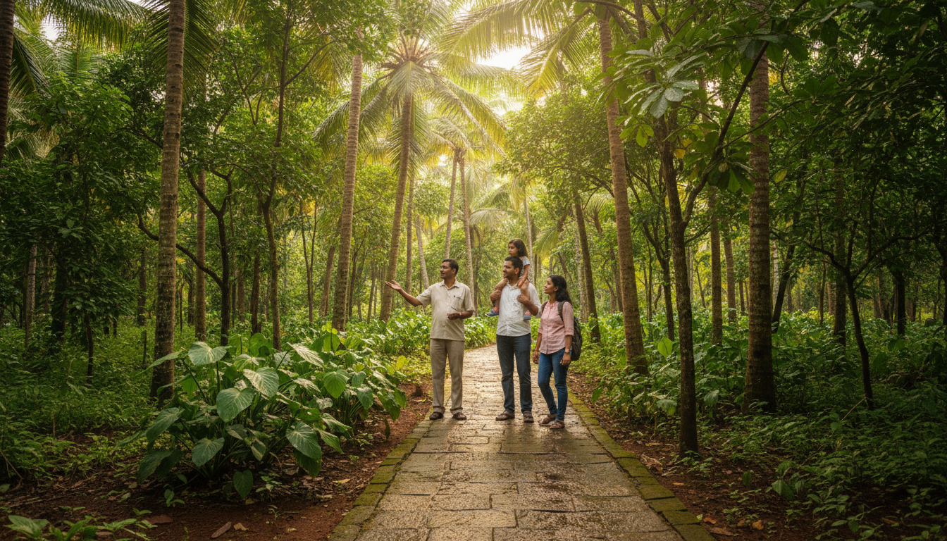 A family walking through a lush spice plantation in Ponda surrounded by tall green trees and tropical plants.