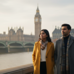 An Indian couple strolling along the South Bank in London with Big Ben visible across the Thames in morning light.