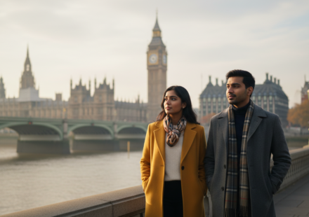 An Indian couple strolling along the South Bank in London with Big Ben visible across the Thames in morning light.