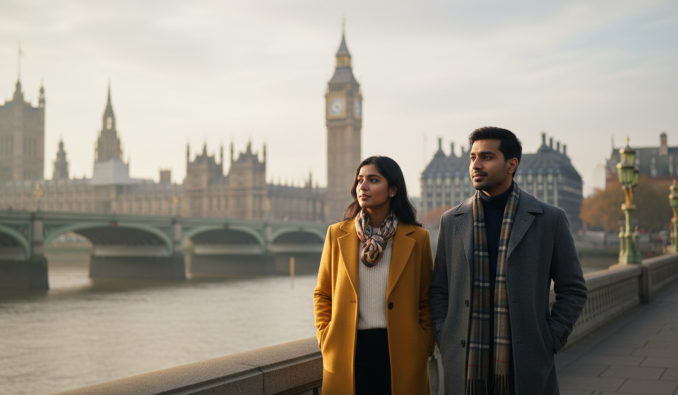 An Indian couple strolling along the South Bank in London with Big Ben visible across the Thames in morning light.