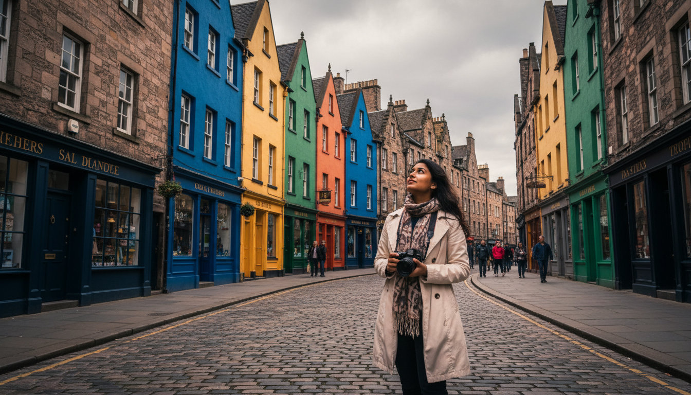 A traveler looking down Victoria Street in Edinburgh, lined with colorful historic buildings and cobblestones.