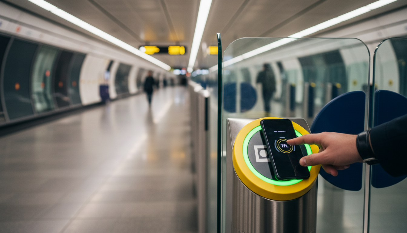 A traveler tapping a smartphone onto a yellow contactless card reader at a London Underground gate.