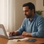 An Indian man checks a laptop screen while looking at a paper receipt and a passport on his wooden desk.