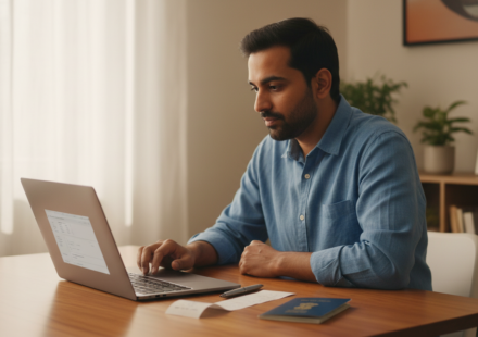 An Indian man checks a laptop screen while looking at a paper receipt and a passport on his wooden desk.