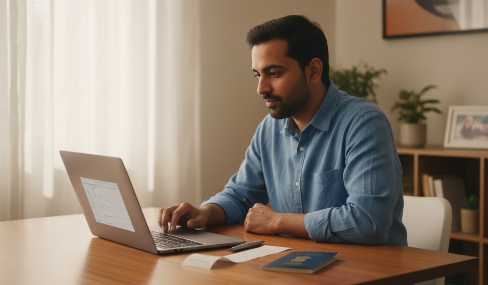 An Indian man checks a laptop screen while looking at a paper receipt and a passport on his wooden desk.