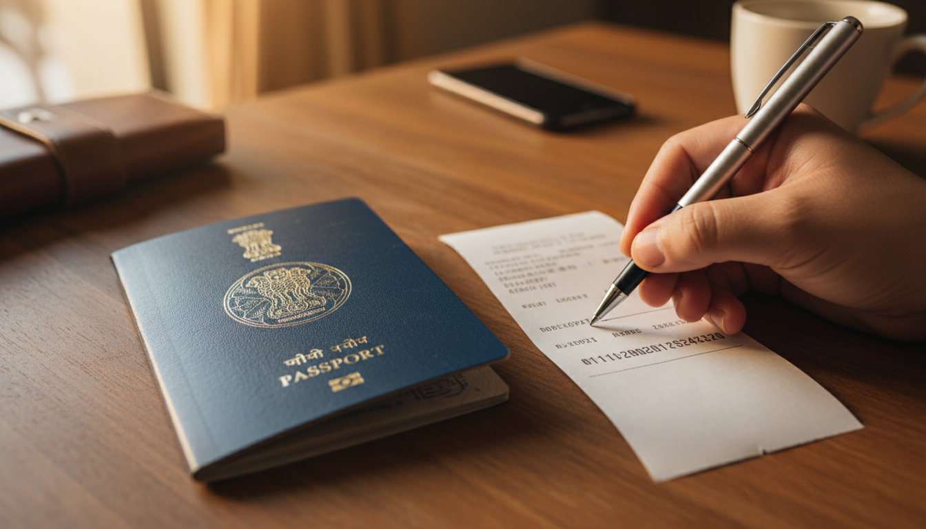 A close-up of an Indian passport and a paper application receipt on a desk with a pen pointing to a reference code.