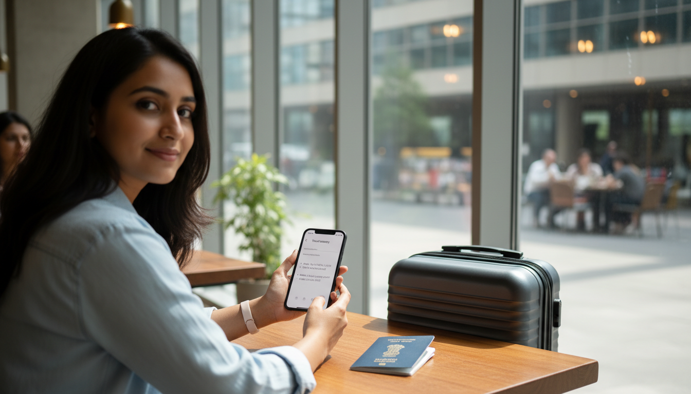A woman holds a phone displaying a digital document next to a blue passport and suitcase at a cafe table.