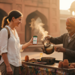 A traveler holding a smartphone near a traditional tea stall in a sunlit historic Indian plaza.
