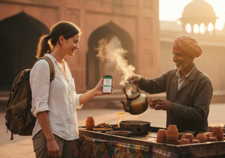 A traveler holding a smartphone near a traditional tea stall in a sunlit historic Indian plaza.