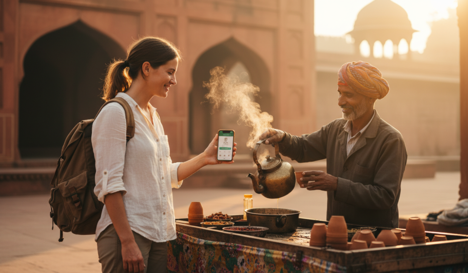 A traveler holding a smartphone near a traditional tea stall in a sunlit historic Indian plaza.