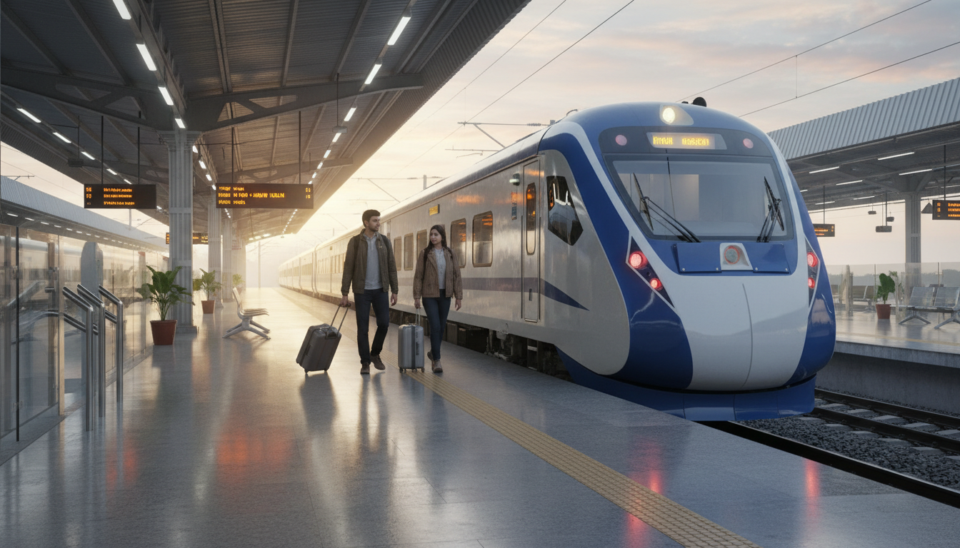 A modern express train waiting at a bright, clean station platform with travelers walking alongside.