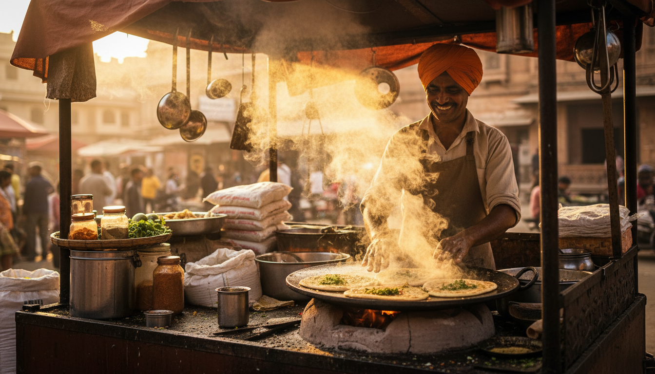 A cook making fresh hot flatbreads on a sizzling iron griddle at a bright street stall.