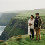 An Indian couple in warm jackets looking out at steep green coastal cliffs over an ocean under soft overcast morning sky.