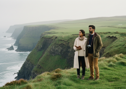 An Indian couple in warm jackets looking out at steep green coastal cliffs over an ocean under soft overcast morning sky.