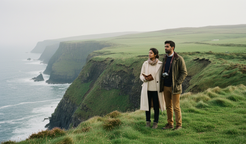 An Indian couple in warm jackets looking out at steep green coastal cliffs over an ocean under soft overcast morning sky.