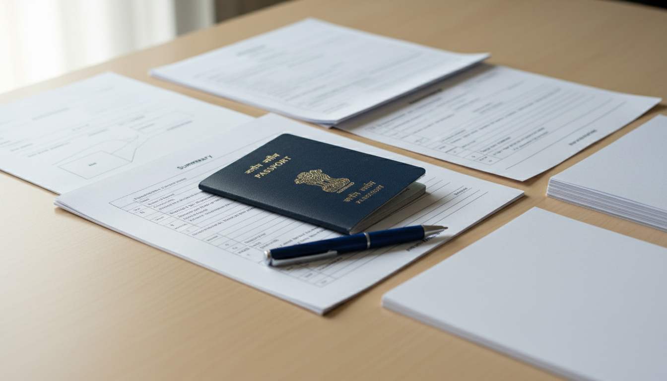 An Indian passport resting on top of organized paper application forms and documents on a light wooden desk.