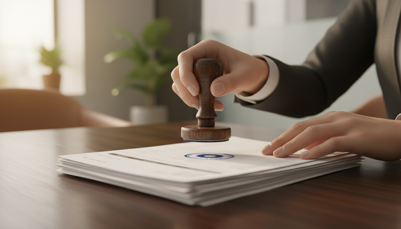 Close-up of hands applying an ink rubber stamp onto financial documents on a desk in a natural lit office.