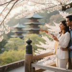 Indian couple enjoying a view of Kyoto pagodas and cherry blossoms from a wooden balcony in Japan.