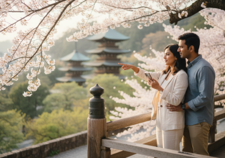 Indian couple enjoying a view of Kyoto pagodas and cherry blossoms from a wooden balcony in Japan.