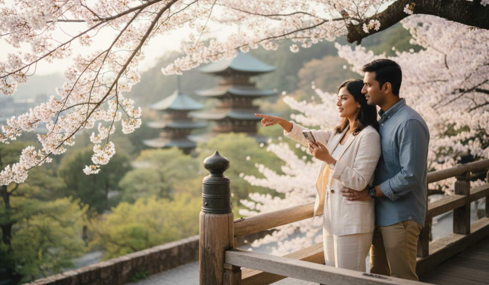 Japan Tourist eVisa for Indians: VFS Process & Documents (2026) Indian couple enjoying a view of Kyoto pagodas and cherry blossoms from a wooden balcony in Japan.