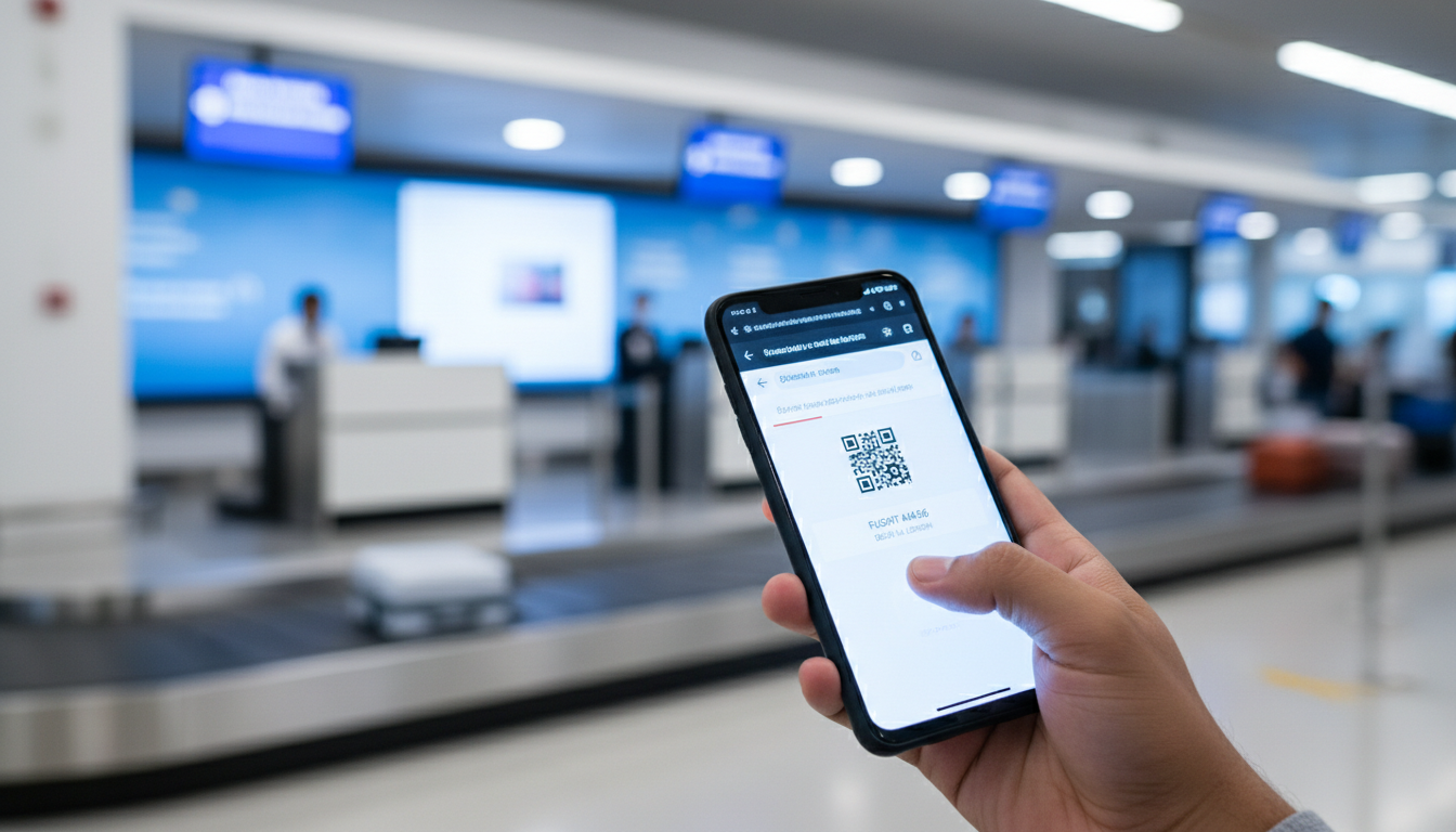Japan Tourist eVisa for Indians: VFS Process & Documents (2026) 1 A traveler holding a smartphone at an airport check-in desk to present digital travel documents.