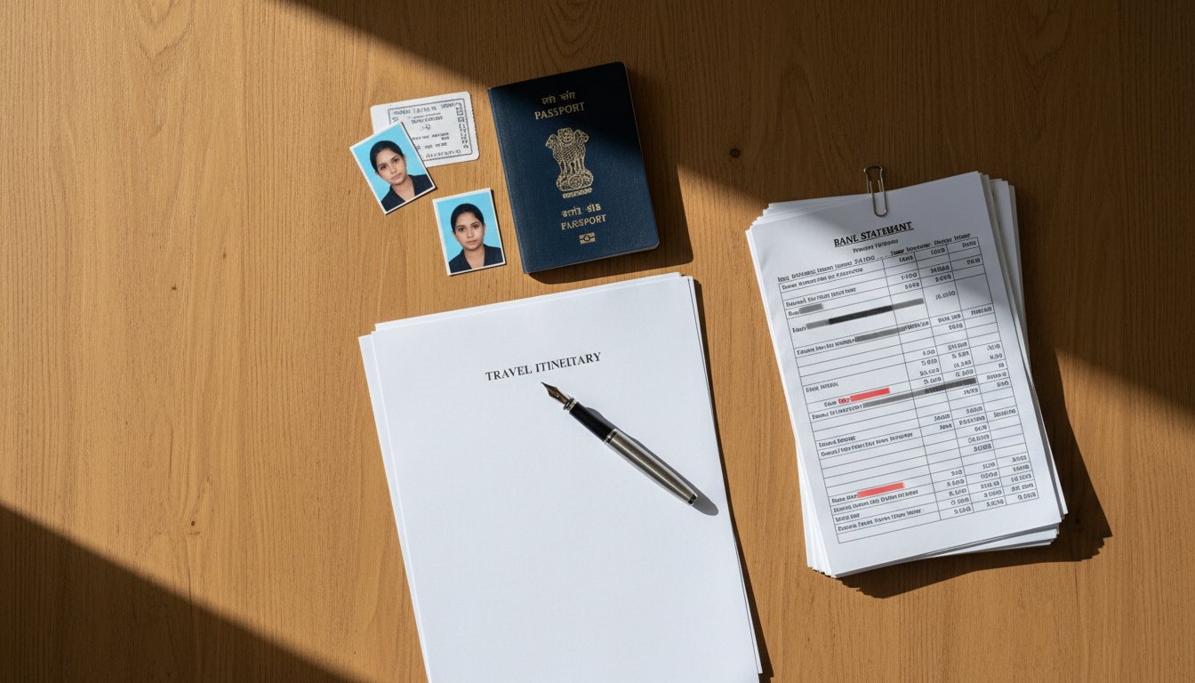 Japan Tourist eVisa for Indians: VFS Process & Documents (2026) 2 An organized desk arrangement displaying an Indian passport, travel documents, bank statements, and photos.