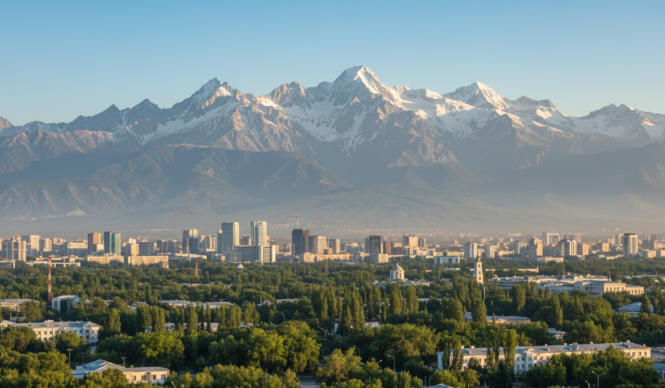Almaty city skyline framed by high snow-capped mountains under a clear morning sky.